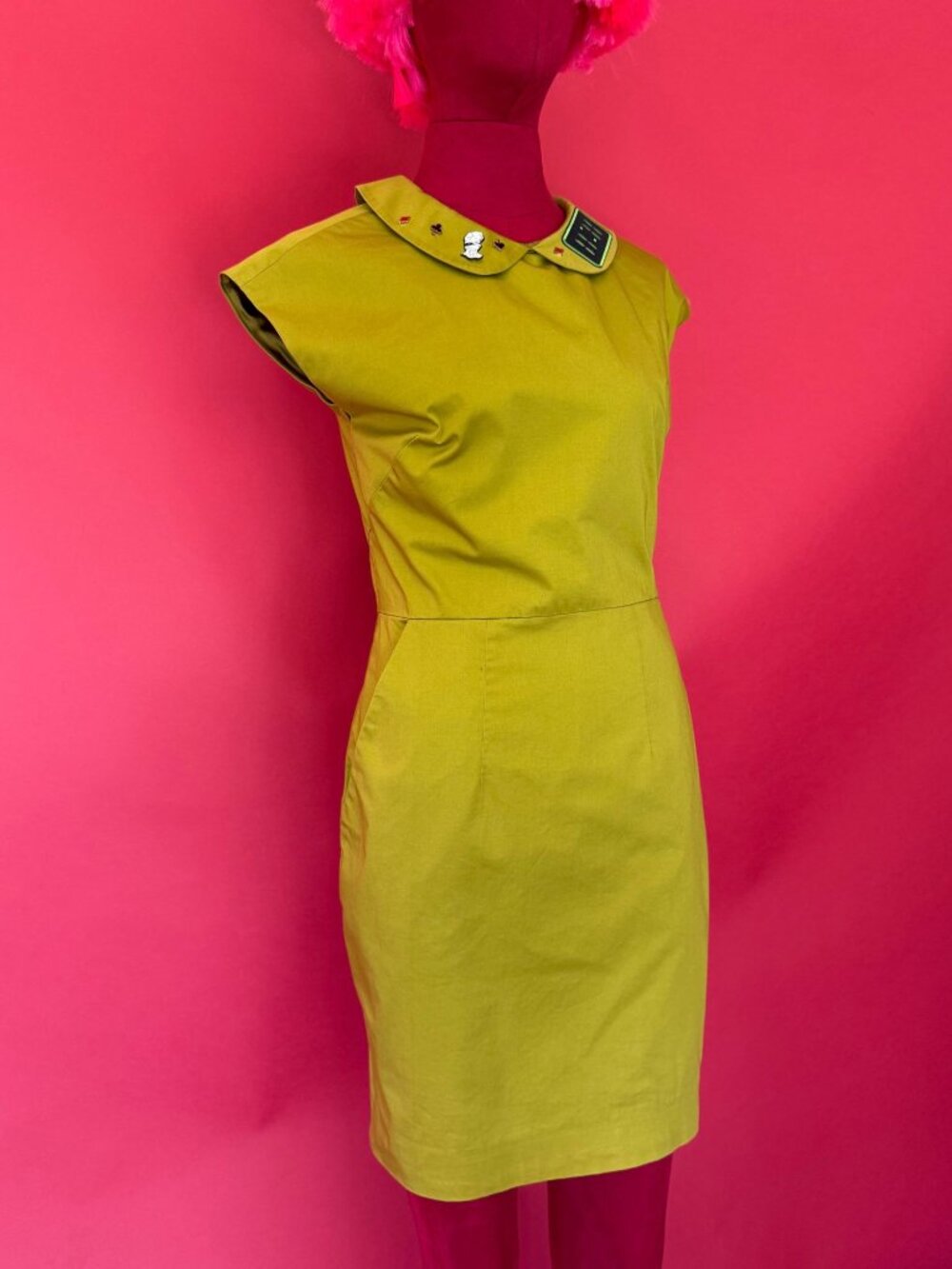 Upcycled Ted Baker Chartreuse Sheath Dress 11:11 Patch + Enamel Pins Sz 2